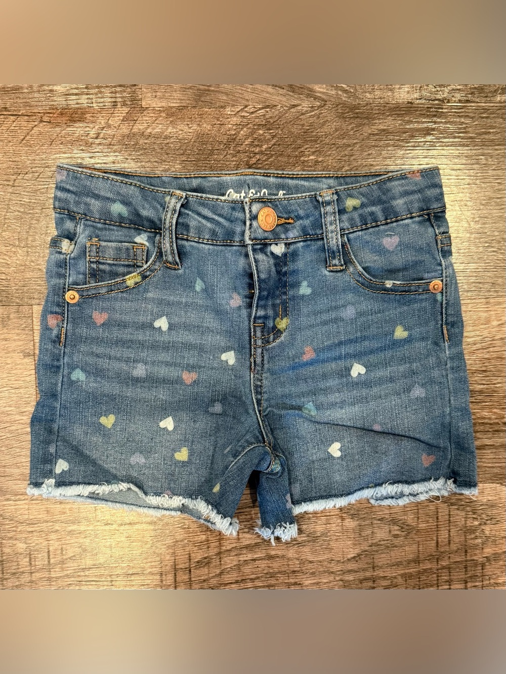 Cat & Jack Girls Denim Shorts with Colorful Hearts Frayed Hem Small 6/6X Summer